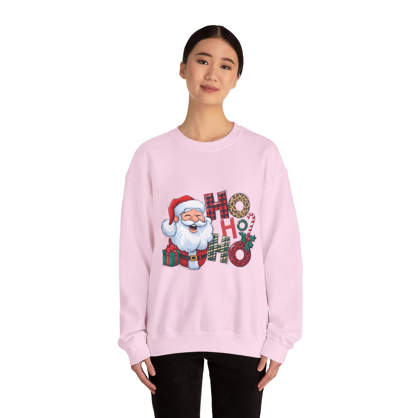 Christmas Santa 'Ho Ho Ho' Crewneck Sweatshirt — Holiday Plaid & Leopard Print Festive Pullover