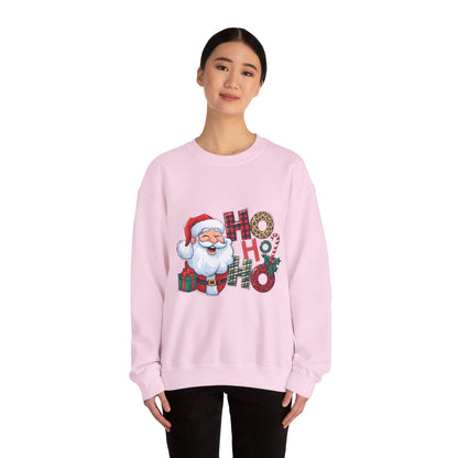 Christmas Santa 'Ho Ho Ho' Crewneck Sweatshirt — Holiday Plaid & Leopard Print Festive Pullover