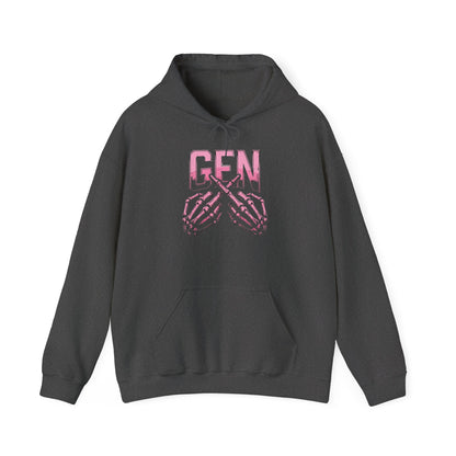 Gen Skull Hands Hoodie — Pink Skeleton Graphic Hooded Sweatshirt