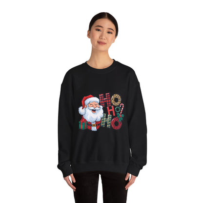 Christmas Santa 'Ho Ho Ho' Crewneck Sweatshirt — Holiday Plaid & Leopard Print Festive Pullover
