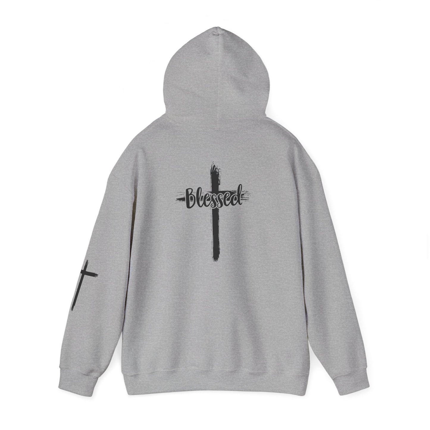 Blessed Cross Hoodie — Christian Faith Pullover with Cross Sleeve Design