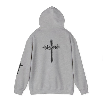 Blessed Cross Hoodie — Christian Faith Pullover with Cross Sleeve Design