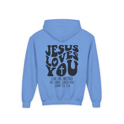 Youth Hoodie — "Jesus Loves You" Christian Scripture Sweatshirt (John 13:34)