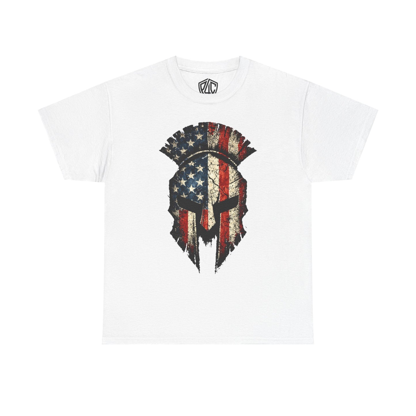 American Spartan Helmet T-Shirt — Distressed USA Flag Graphic Tee