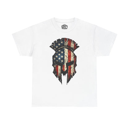 American Spartan Helmet T-Shirt — Distressed USA Flag Graphic Tee
