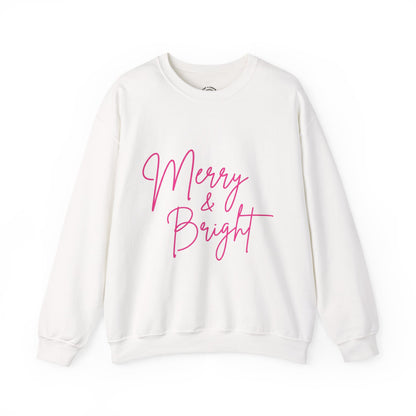 Merry & Bright Crewneck Sweatshirt — Pink Script Holiday Pullover