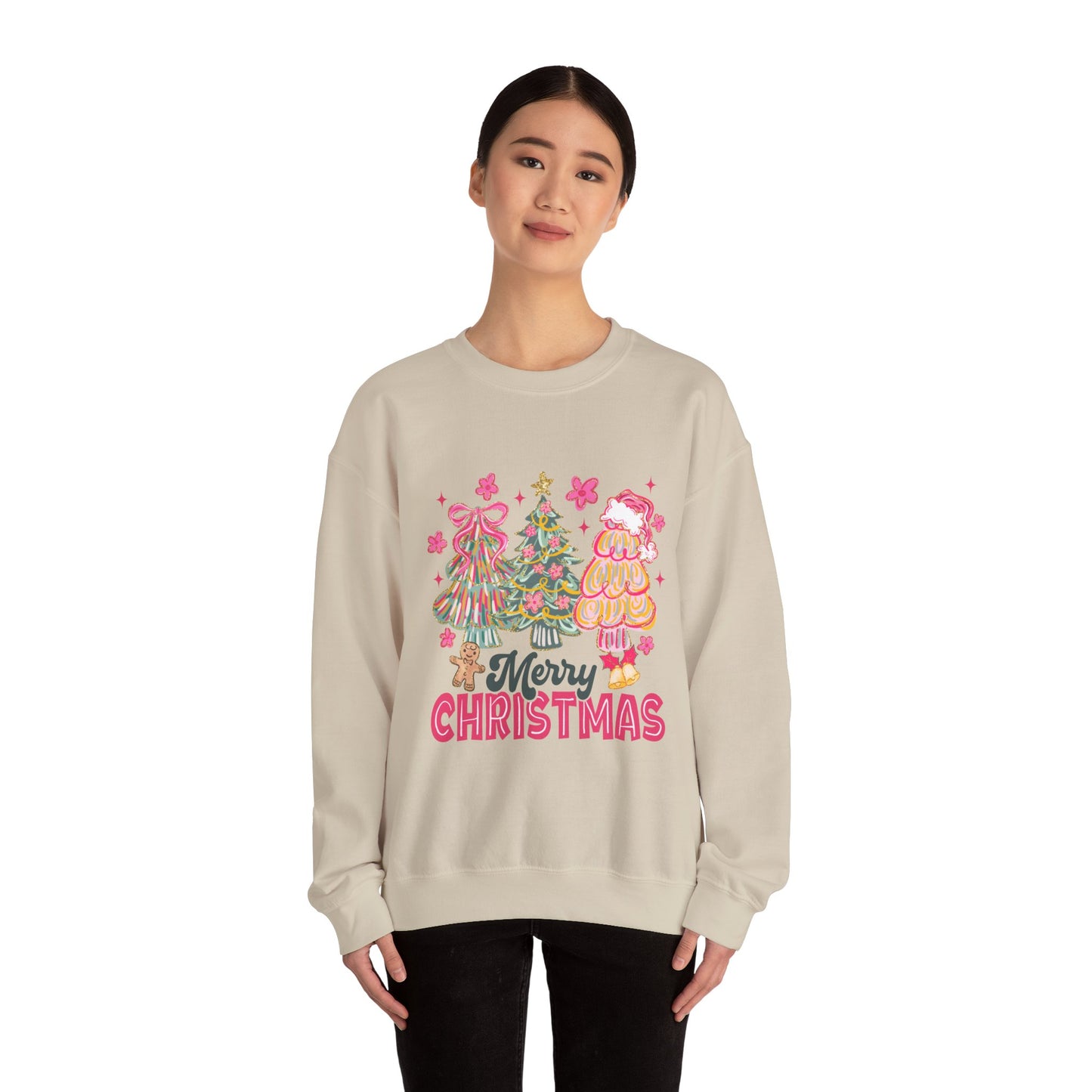Christmas Trees Crewneck Sweatshirt — Merry Christmas Pink Holiday Sweater