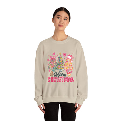 Christmas Trees Crewneck Sweatshirt — Merry Christmas Pink Holiday Sweater