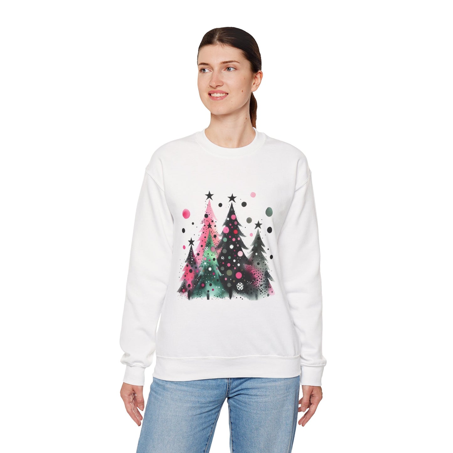 Christmas Tree Crewneck Sweatshirt — Watercolor Holiday Trees Graphic