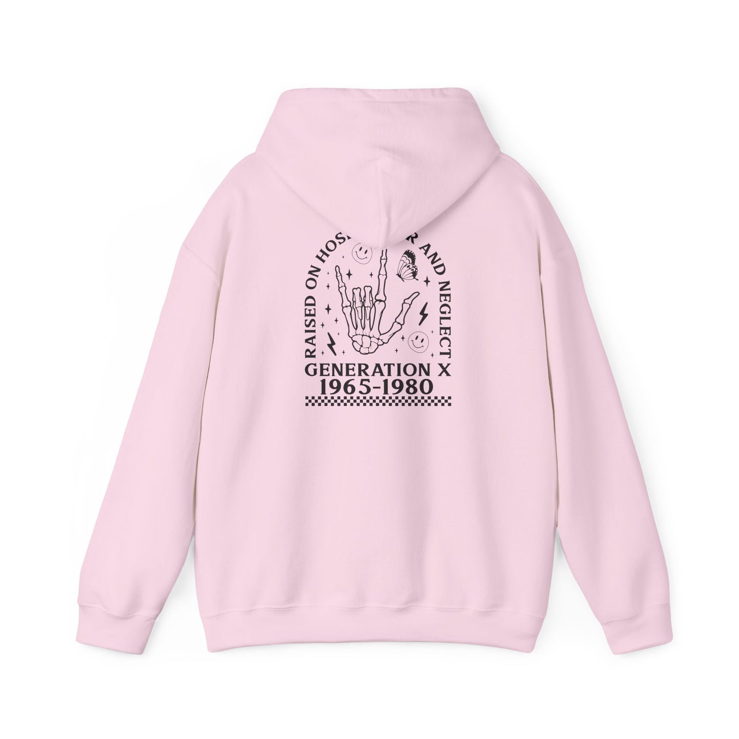Generation X Hoodie – “Raised on Nostalgia and Neglect” Retro 1965–1980 Skeleton Hand Design