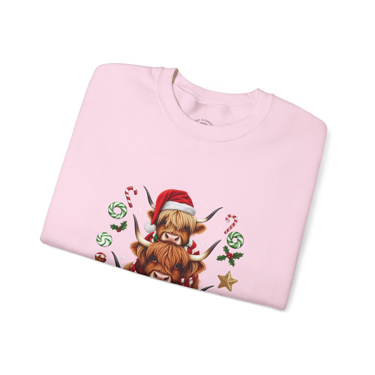 Christmas Highland Cow Sweatshirt — Holiday Stack with Santa Hats & Candy Canes
