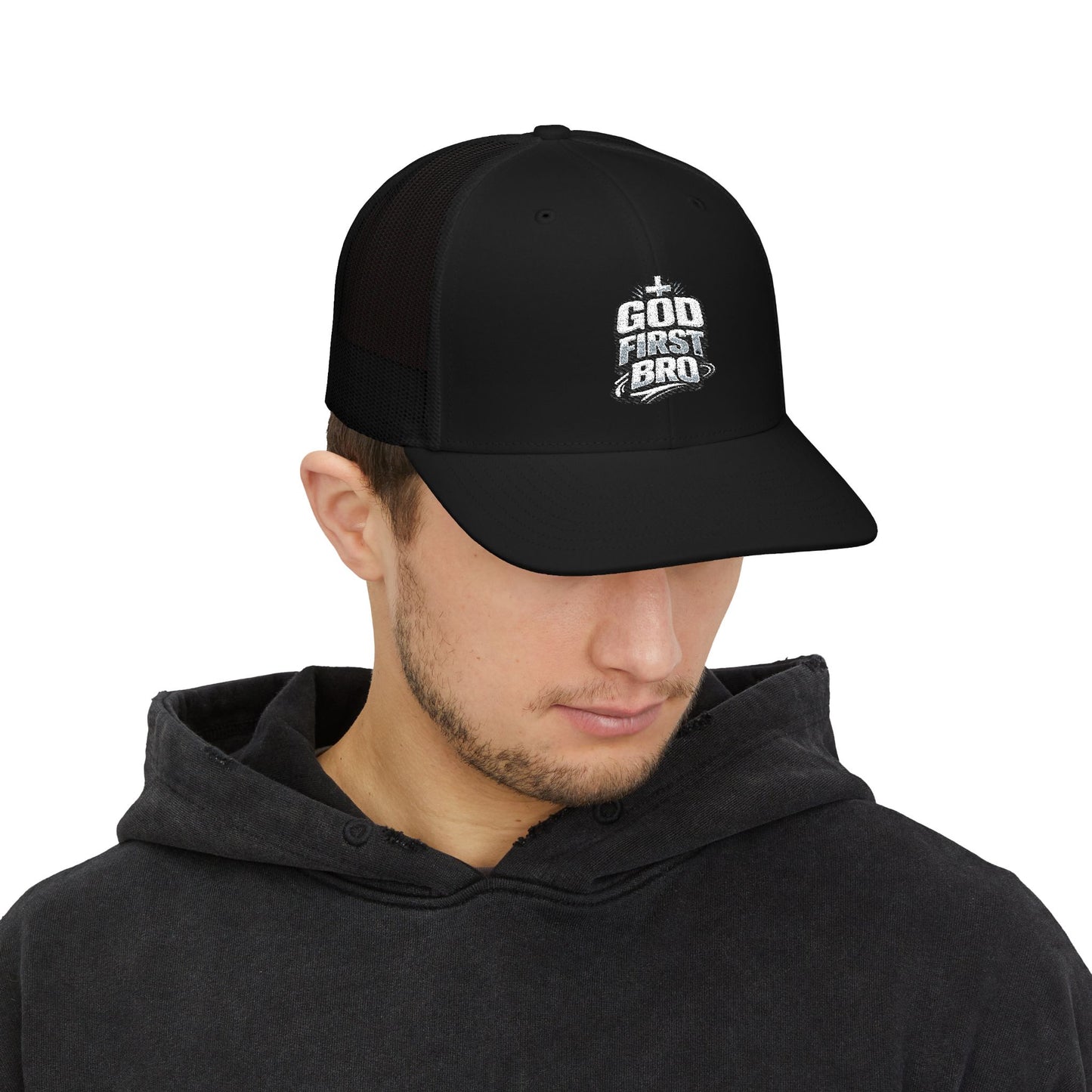 God About Bro Embroidered Trucker Cap — Religious Snapback Hat