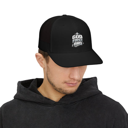 God About Bro Embroidered Trucker Cap — Religious Snapback Hat