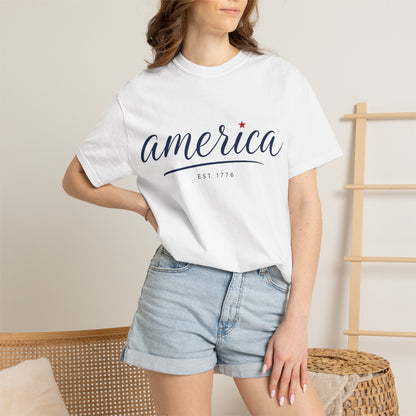 America Script T‑Shirt – Patriotic "America" Graphic Tee (Est. 1776)