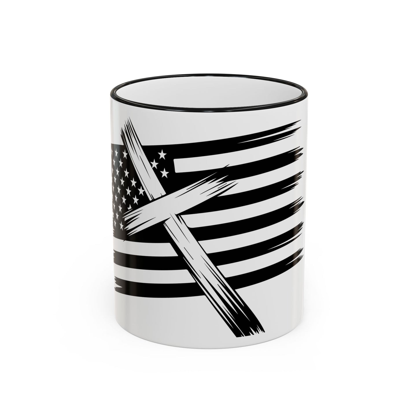 American Flag Brushstroke Cross Mug — Patriotic Christian Coffee Cup (11oz & 15oz)