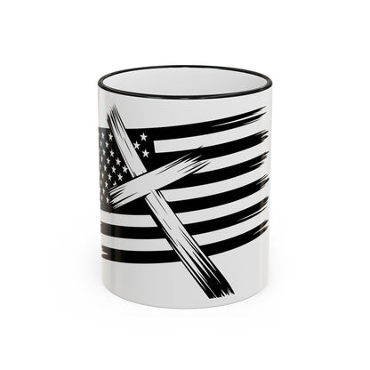 American Flag Brushstroke Cross Mug — Patriotic Christian Coffee Cup (11oz & 15oz)