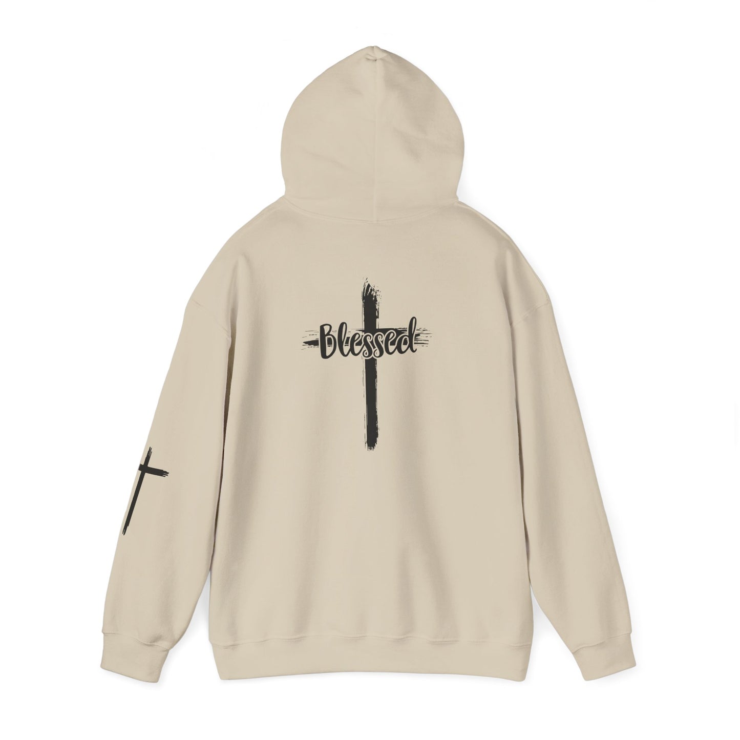 Blessed Cross Hoodie — Christian Faith Pullover with Cross Sleeve Design