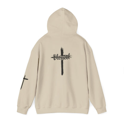 Blessed Cross Hoodie — Christian Faith Pullover with Cross Sleeve Design