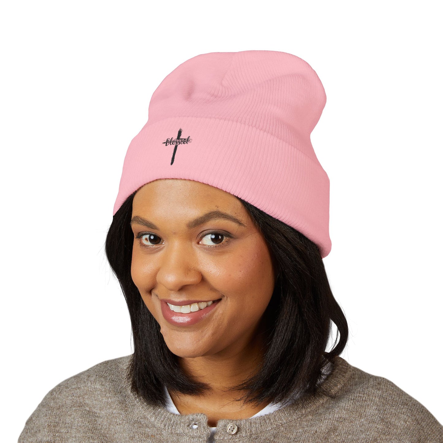 Embroidered Cross Cuffed Beanie — Minimal Faith Knit Hat