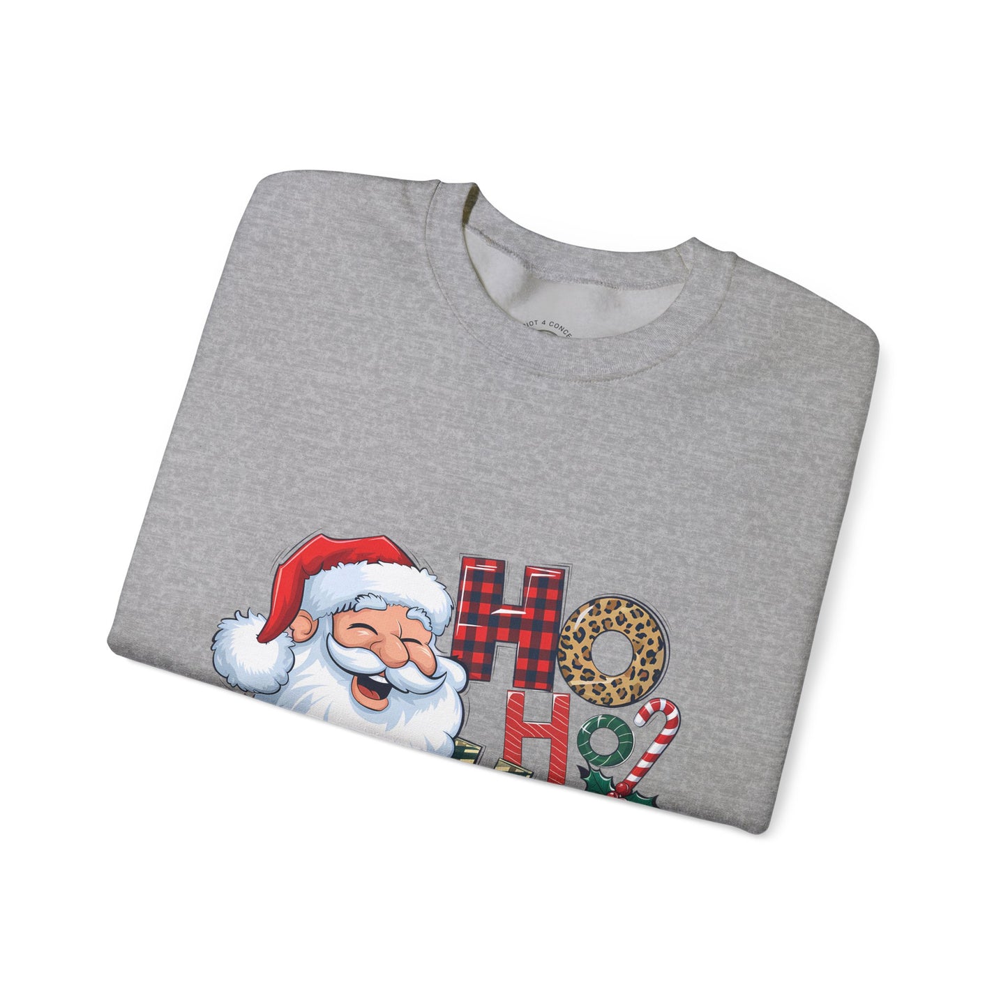 Christmas Santa 'Ho Ho Ho' Crewneck Sweatshirt — Holiday Plaid & Leopard Print Festive Pullover