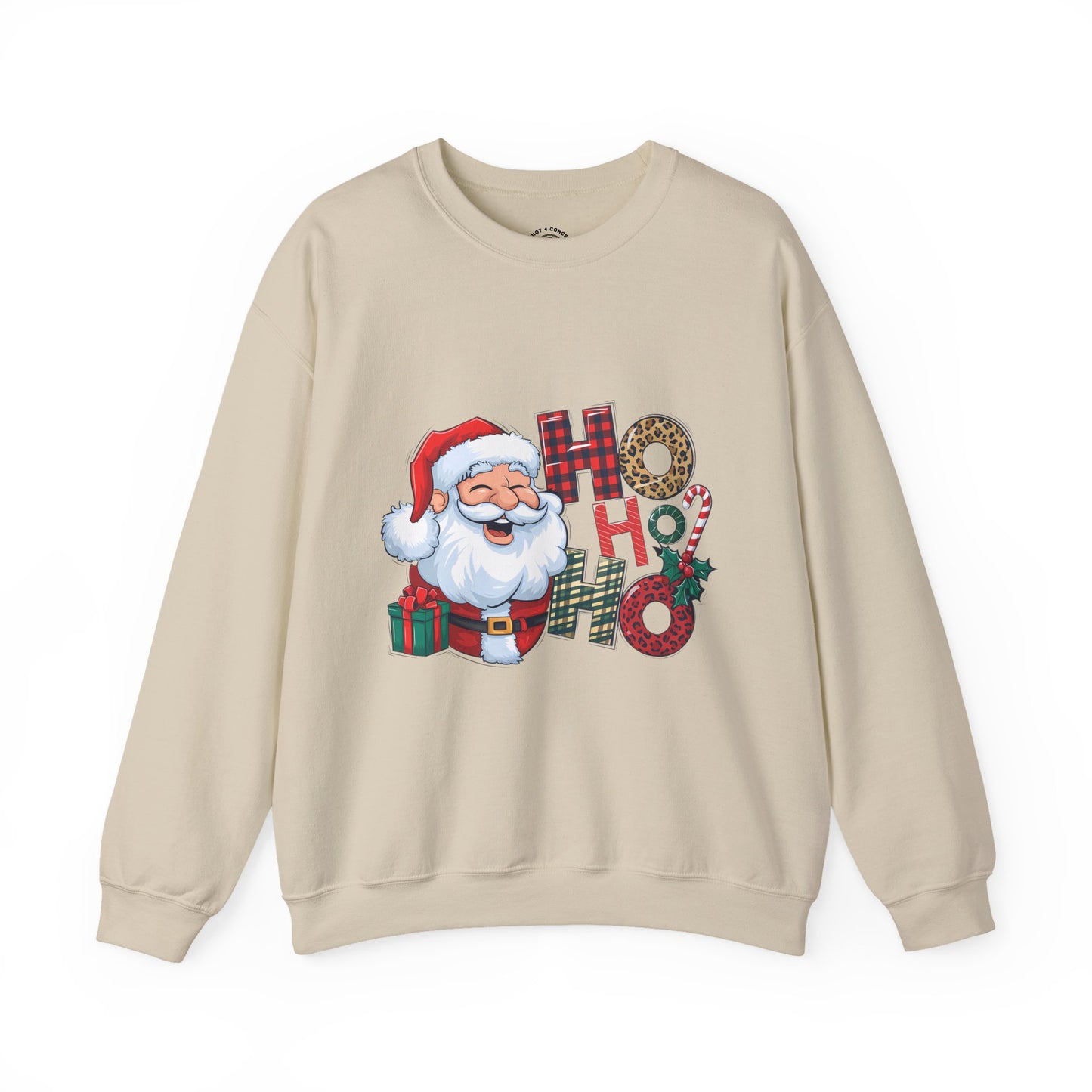 Christmas Santa 'Ho Ho Ho' Crewneck Sweatshirt — Holiday Plaid & Leopard Print Festive Pullover