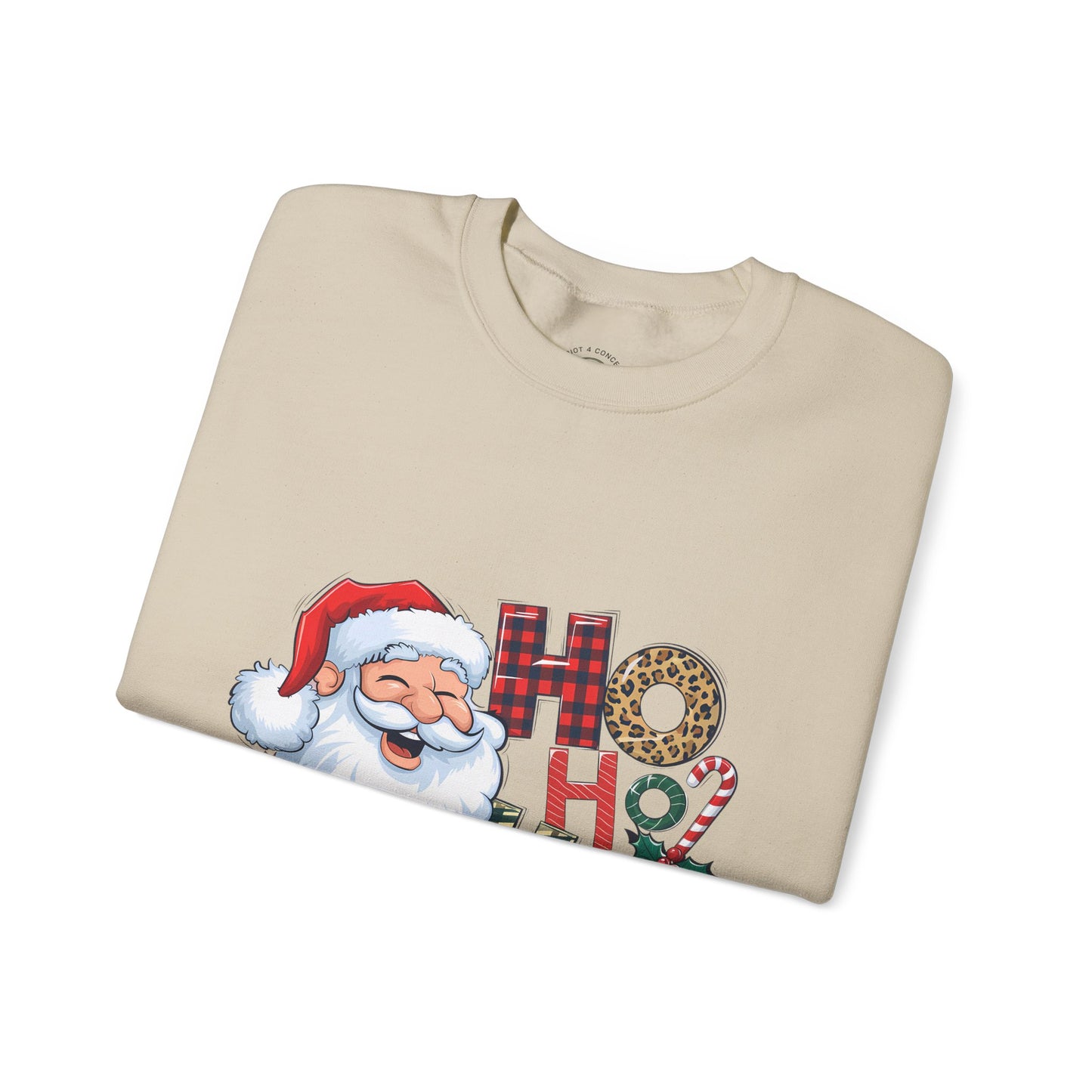 Christmas Santa 'Ho Ho Ho' Crewneck Sweatshirt — Holiday Plaid & Leopard Print Festive Pullover