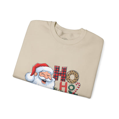 Christmas Santa 'Ho Ho Ho' Crewneck Sweatshirt — Holiday Plaid & Leopard Print Festive Pullover