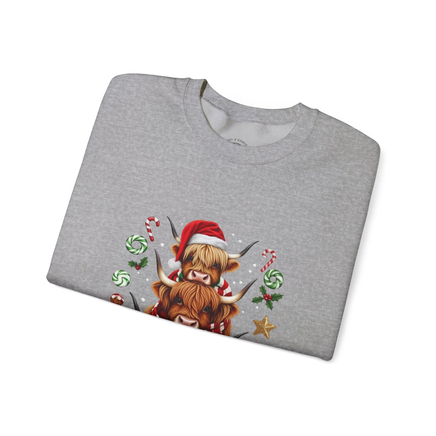 Christmas Highland Cow Sweatshirt — Holiday Stack with Santa Hats & Candy Canes