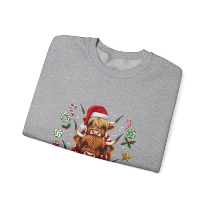 Christmas Highland Cow Sweatshirt — Holiday Stack with Santa Hats & Candy Canes