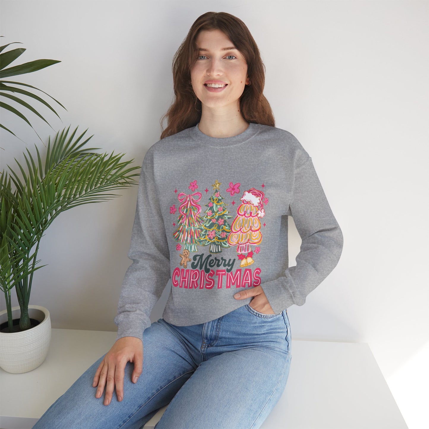 Christmas Trees Crewneck Sweatshirt — Merry Christmas Pink Holiday Sweater