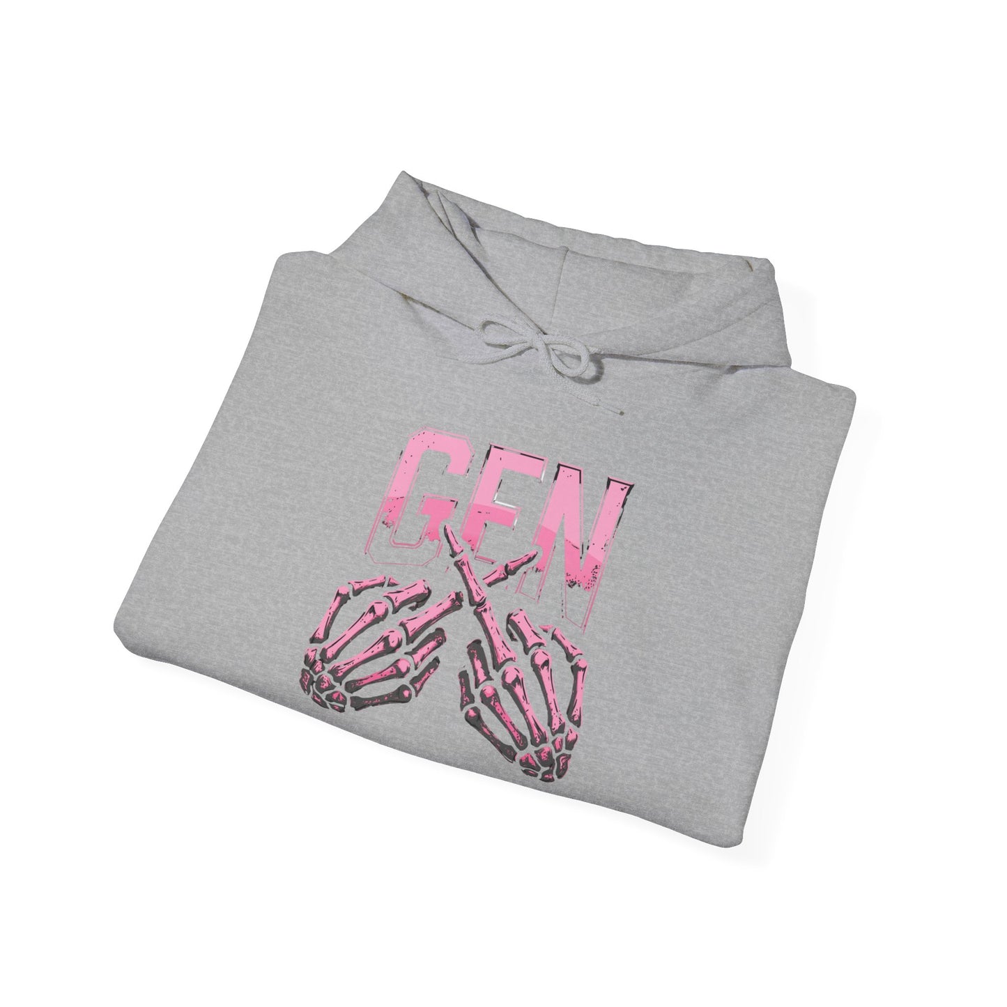 Gen Skull Hands Hoodie — Pink Skeleton Graphic Hooded Sweatshirt