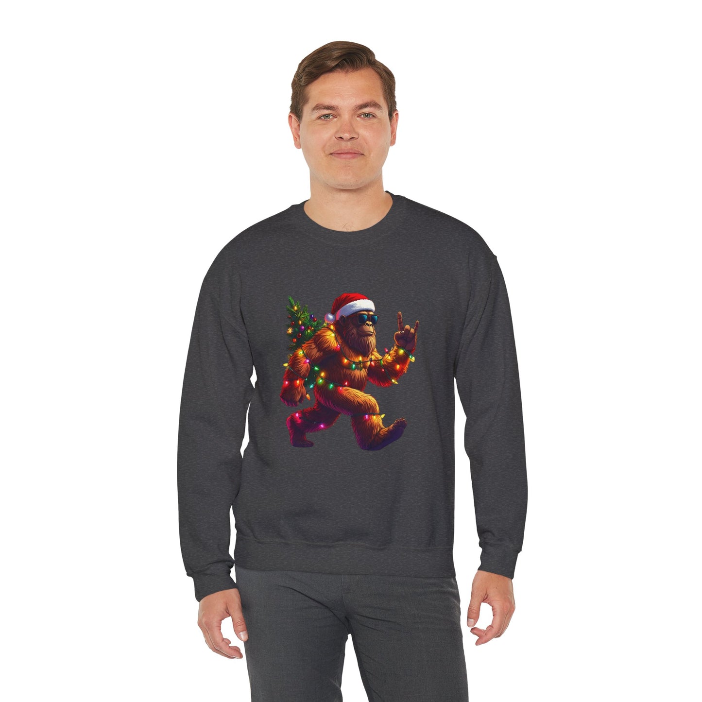 Christmas Sasquatch Crewneck Sweatshirt — Holiday Bigfoot with Santa Hat & Lights