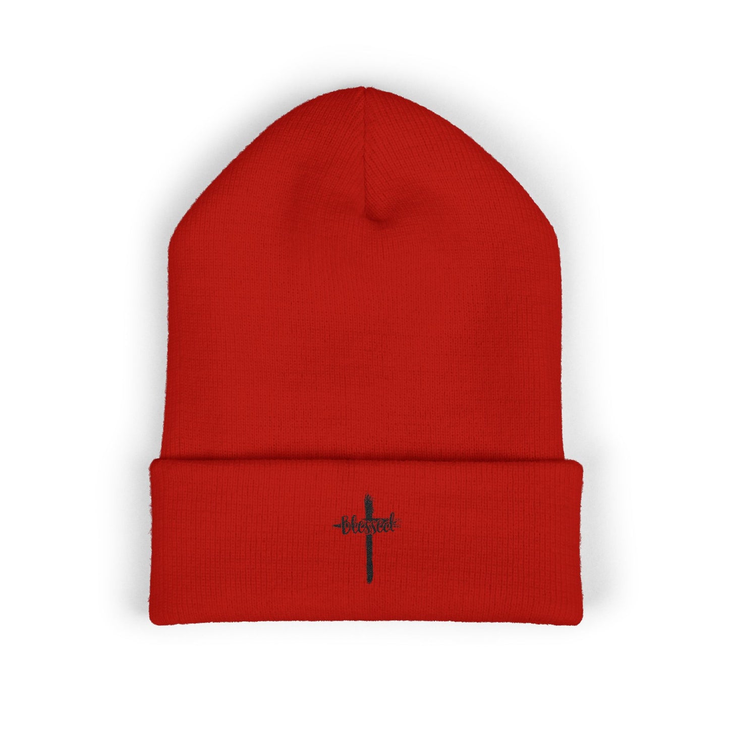 Embroidered Cross Cuffed Beanie — Minimal Faith Knit Hat