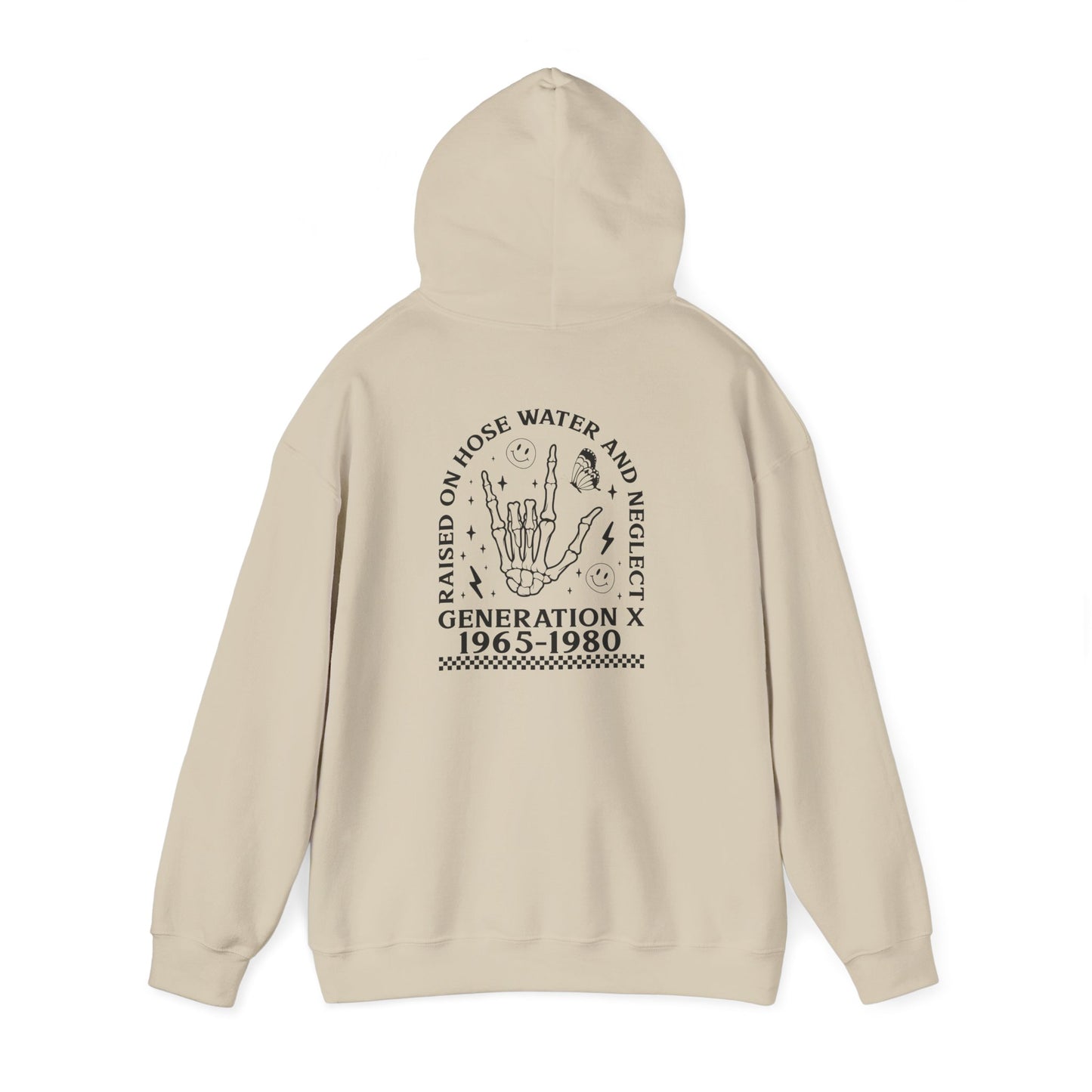 Generation X Hoodie – “Raised on Nostalgia and Neglect” Retro 1965–1980 Skeleton Hand Design