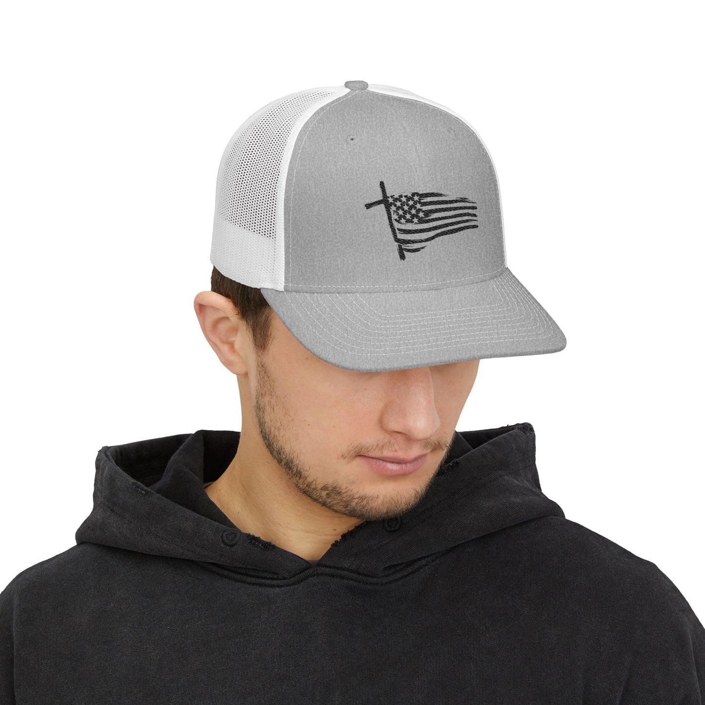 Embroidered Waving American Flag Trucker Cap