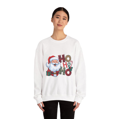 Christmas Santa 'Ho Ho Ho' Crewneck Sweatshirt — Holiday Plaid & Leopard Print Festive Pullover
