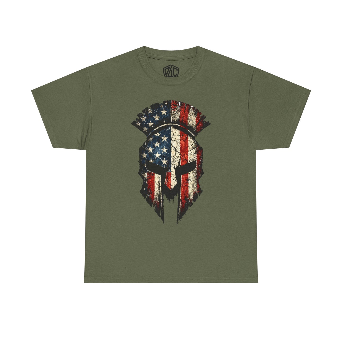 American Spartan Helmet T-Shirt — Distressed USA Flag Graphic Tee