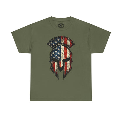 American Spartan Helmet T-Shirt — Distressed USA Flag Graphic Tee