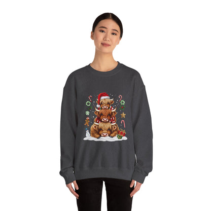 Christmas Highland Cow Sweatshirt — Holiday Stack with Santa Hats & Candy Canes