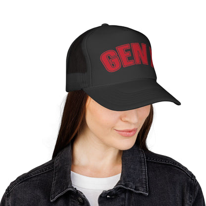 Gen X Trucker Cap — Retro Red Embroidered Mesh Hat for 40s–60s
