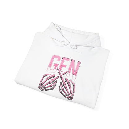 Gen Skull Hands Hoodie — Pink Skeleton Graphic Hooded Sweatshirt