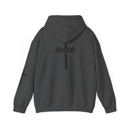 Blessed Cross Hoodie — Christian Faith Pullover with Cross Sleeve Design