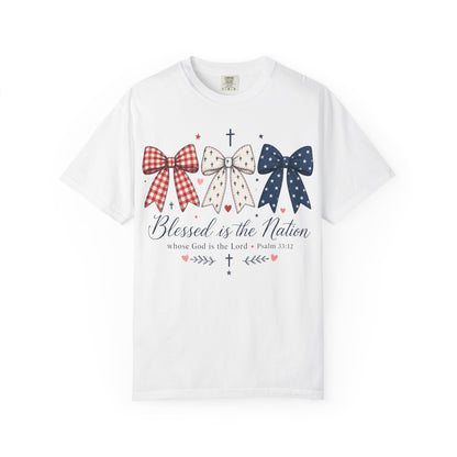Blessed is the Nation T-Shirt — Patriotic Bow Christian Tee (Psalm 33:12)