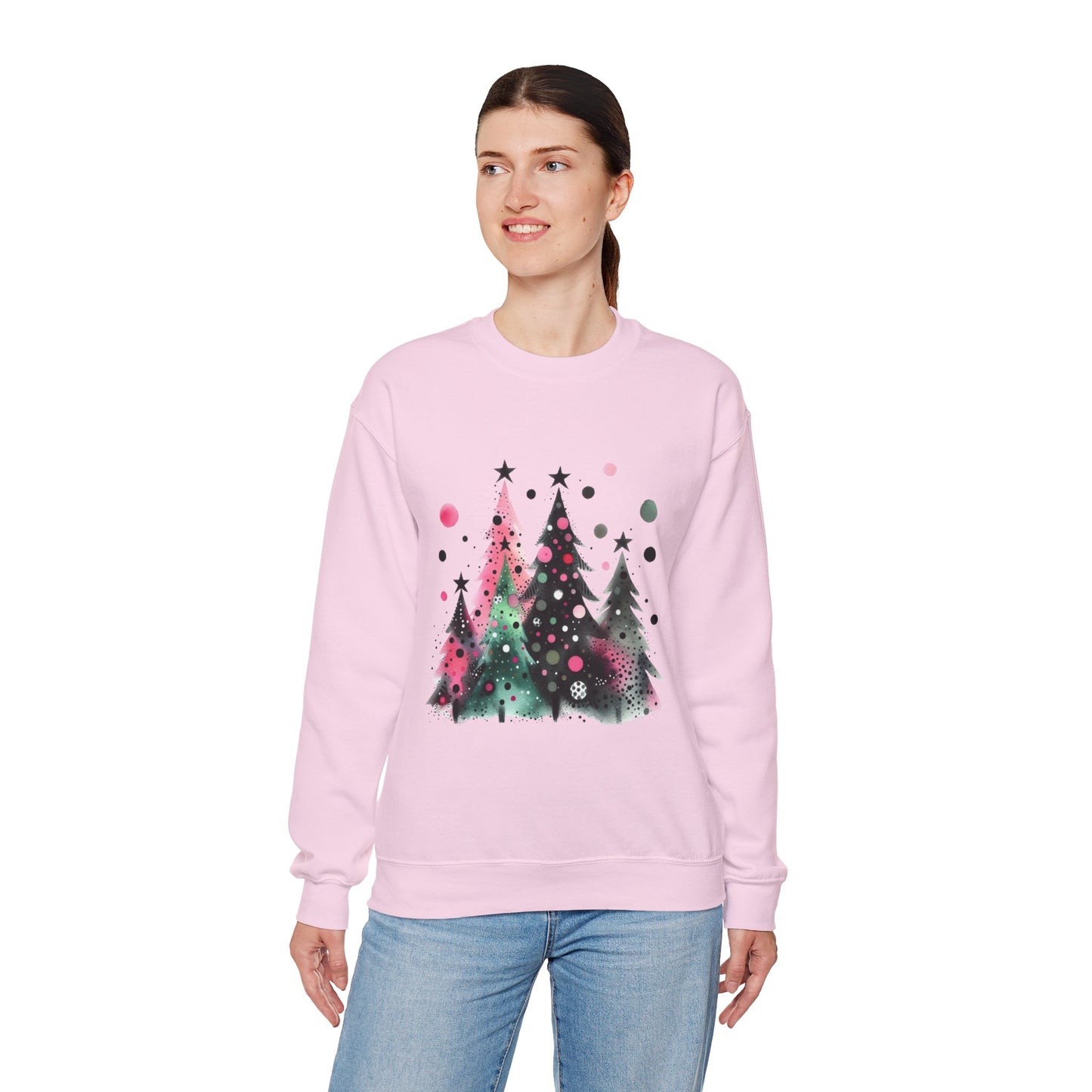 Christmas Tree Crewneck Sweatshirt — Watercolor Holiday Trees Graphic