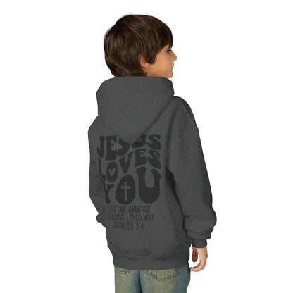 Youth Hoodie — "Jesus Loves You" Christian Scripture Sweatshirt (John 13:34)