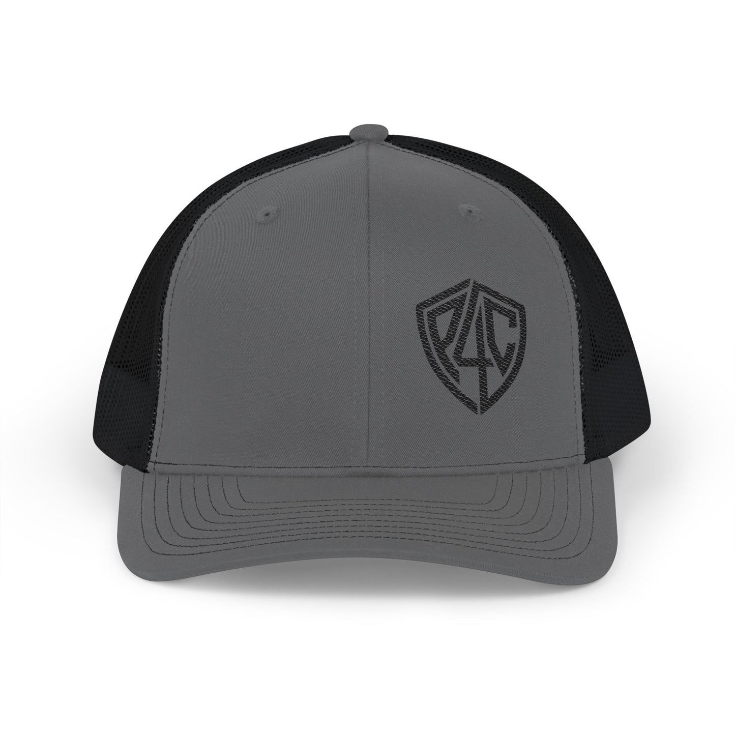 Embroidered Shield Snapback Trucker Hat — Classic Mesh Cap with Monogram Patch
