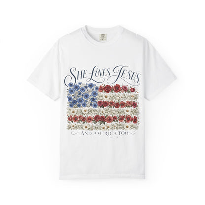 She Loves Jesus Floral American Flag T-Shirt