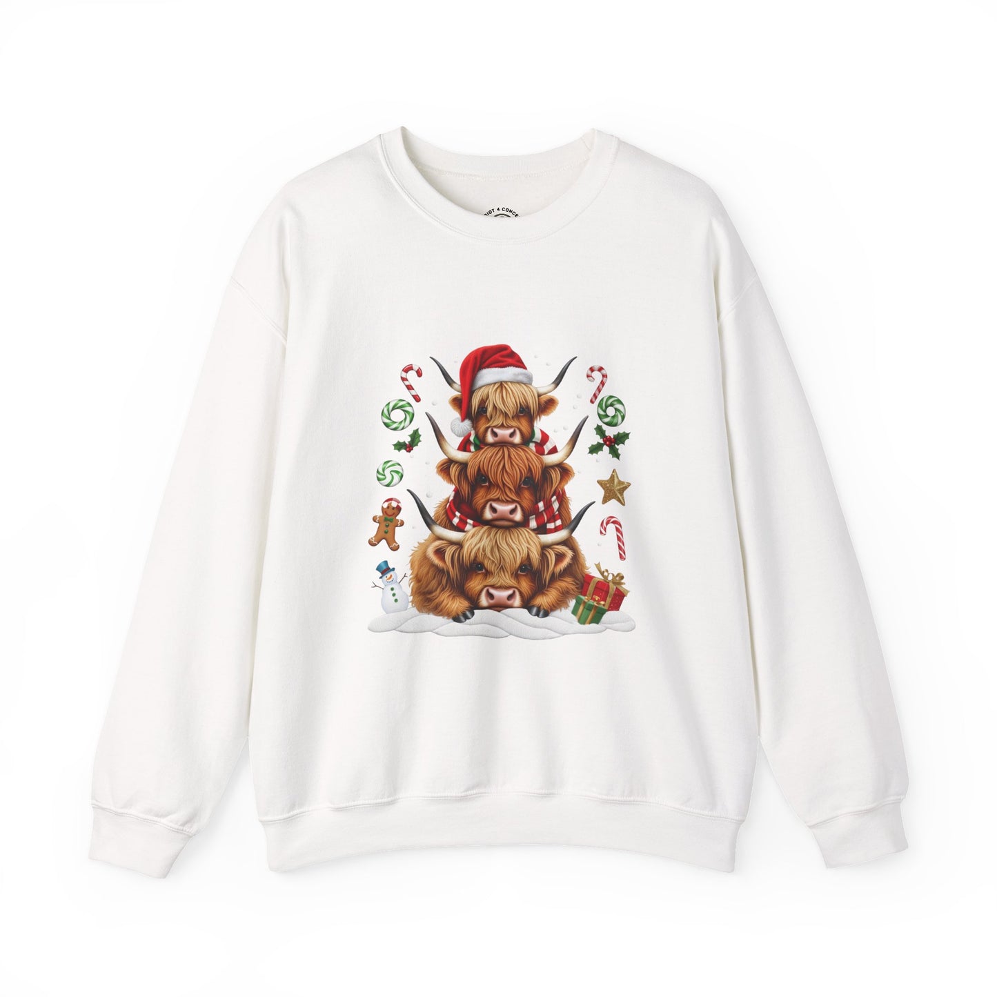 Christmas Highland Cow Sweatshirt — Holiday Stack with Santa Hats & Candy Canes