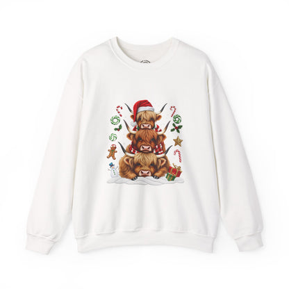 Christmas Highland Cow Sweatshirt — Holiday Stack with Santa Hats & Candy Canes
