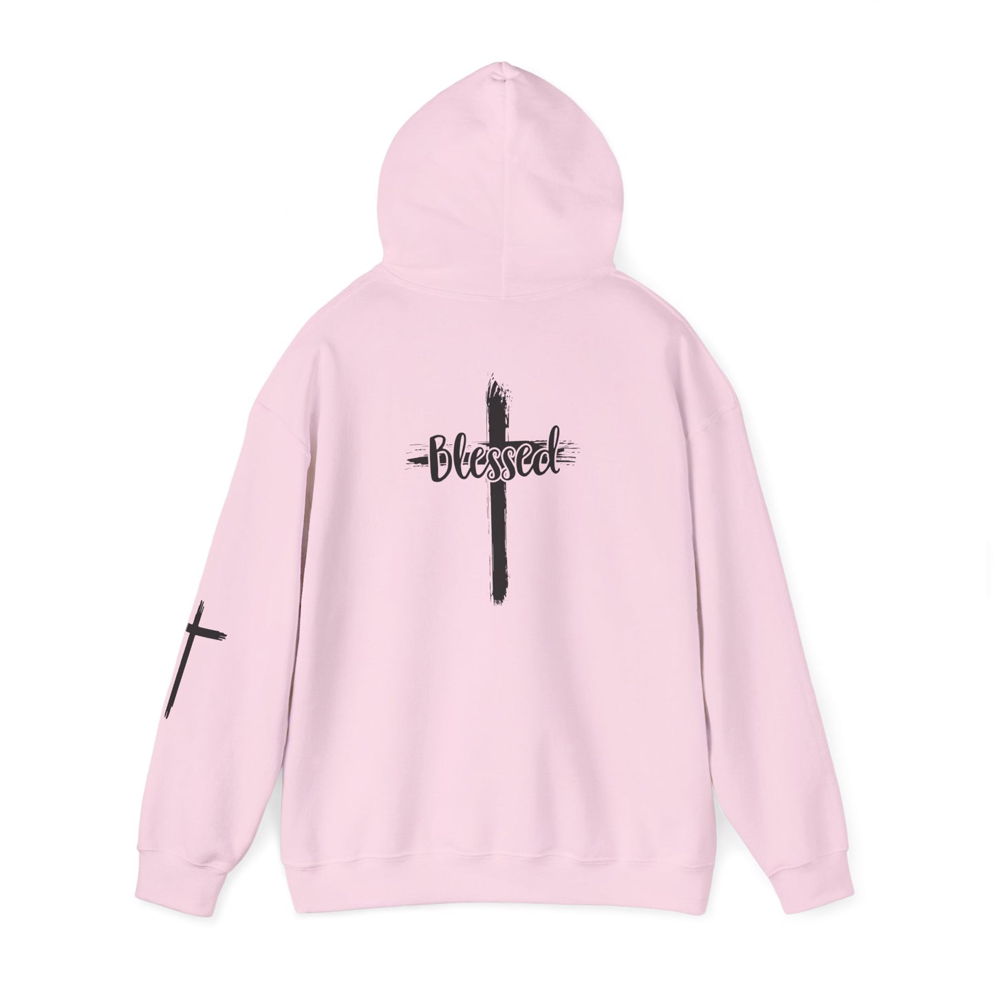 Blessed Cross Hoodie — Christian Faith Pullover with Cross Sleeve Design